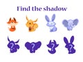 Educational game for kids Ã¢â¬ÅFind the ShadowÃ¢â¬Â with cute baby fox, squirrel, rabbit and elephant. Royalty Free Stock Photo